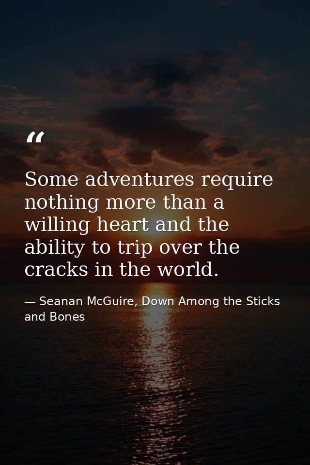 Some adventures require nothing more than a willing heart and the ability to trip over the cracks in the world. — Seanan McGuire, Down Among the Sticks and Bones