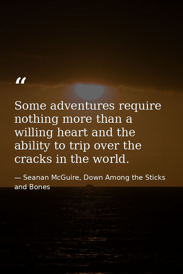 Some adventures require nothing more than a willing heart and the ability to trip over the cracks in the world. — Seanan McGuire, Down Among the Sticks and Bones