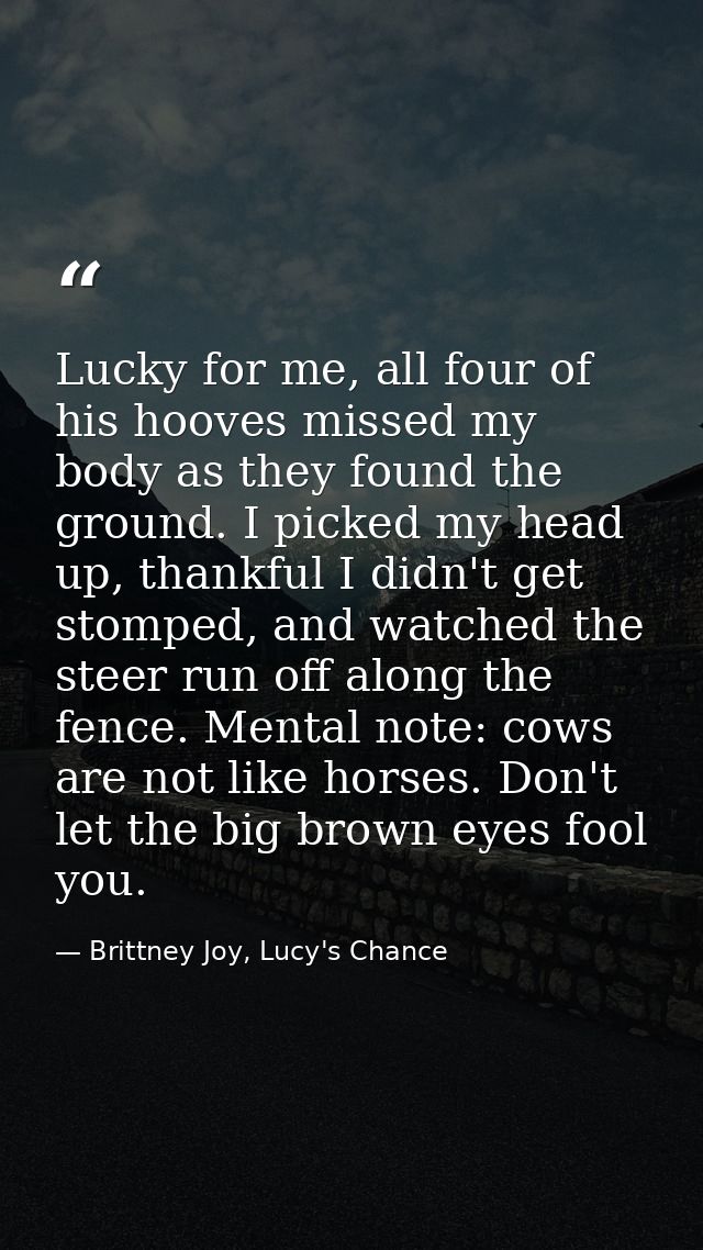 Lucky for me, all four of his hooves missed my body as they found the ground. I picked my head up, thankful I didn't get — Brittney Joy, Lucy's Chance