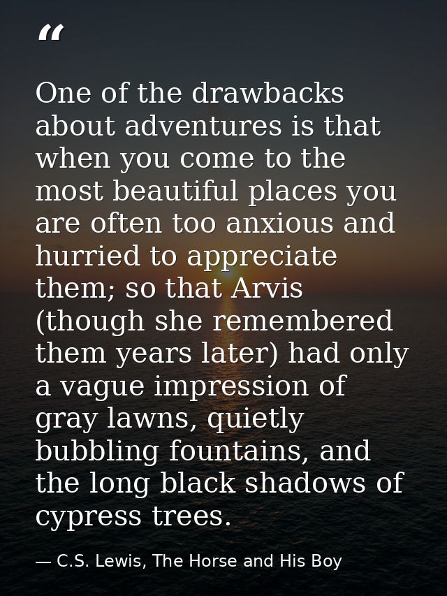 One of the drawbacks about adventures is that when you come to the most beautiful places you are often too anxious and h — C.S. Lewis, The Horse and His Boy