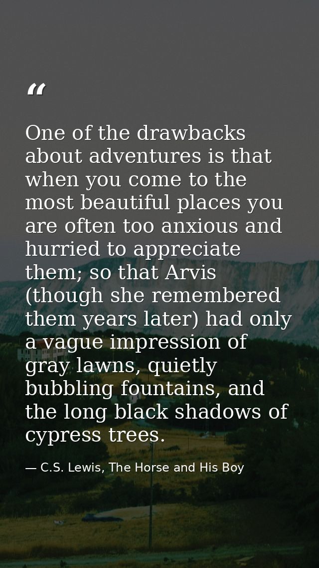 One of the drawbacks about adventures is that when you come to the most beautiful places you are often too anxious and h — C.S. Lewis, The Horse and His Boy