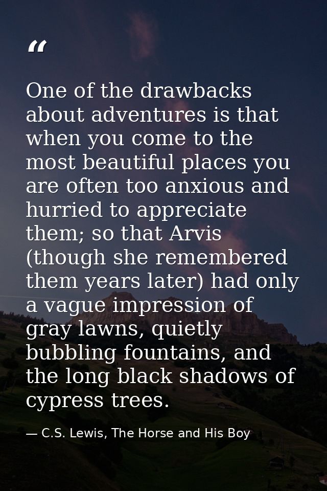 One of the drawbacks about adventures is that when you come to the most beautiful places you are often too anxious and h — C.S. Lewis, The Horse and His Boy