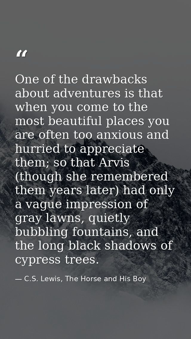One of the drawbacks about adventures is that when you come to the most beautiful places you are often too anxious and h — C.S. Lewis, The Horse and His Boy