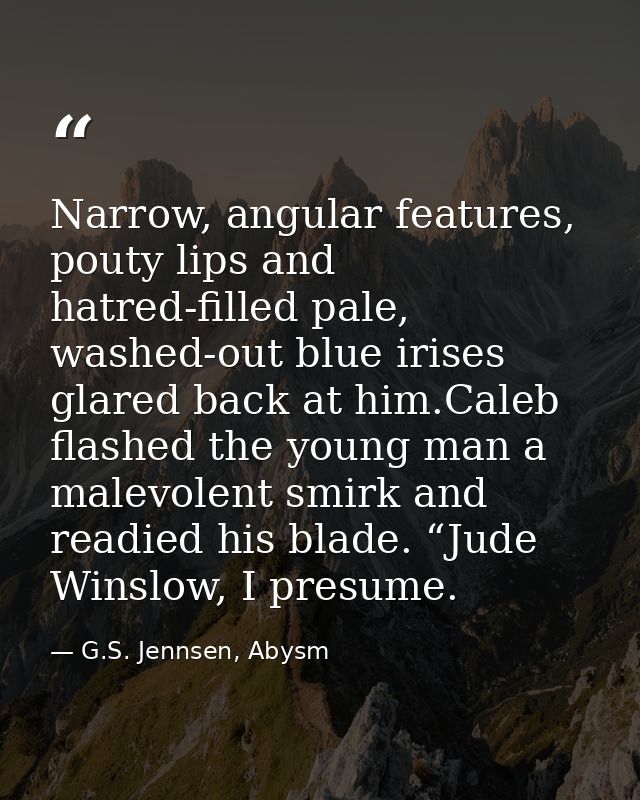 Narrow, angular features, pouty lips and hatred-filled pale, washed-out blue irises glared back at him.Caleb flashed the — G.S. Jennsen, Abysm