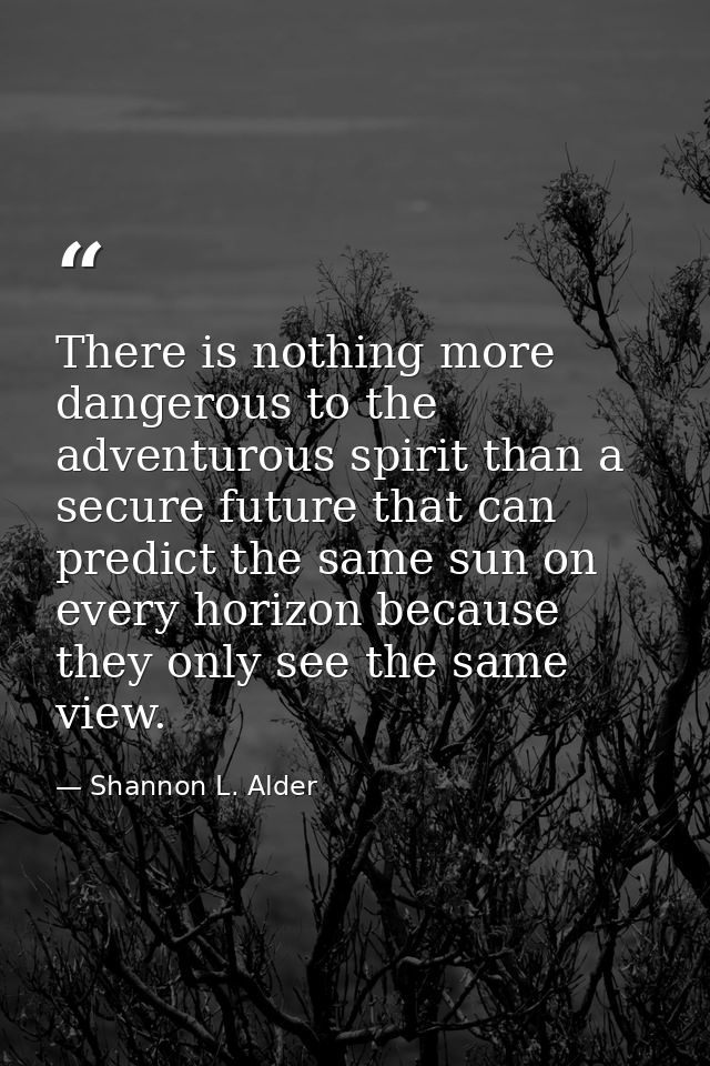 There is nothing more dangerous to the adventurous spirit than a secure future that can predict the same sun on every ho — Shannon L. Alder