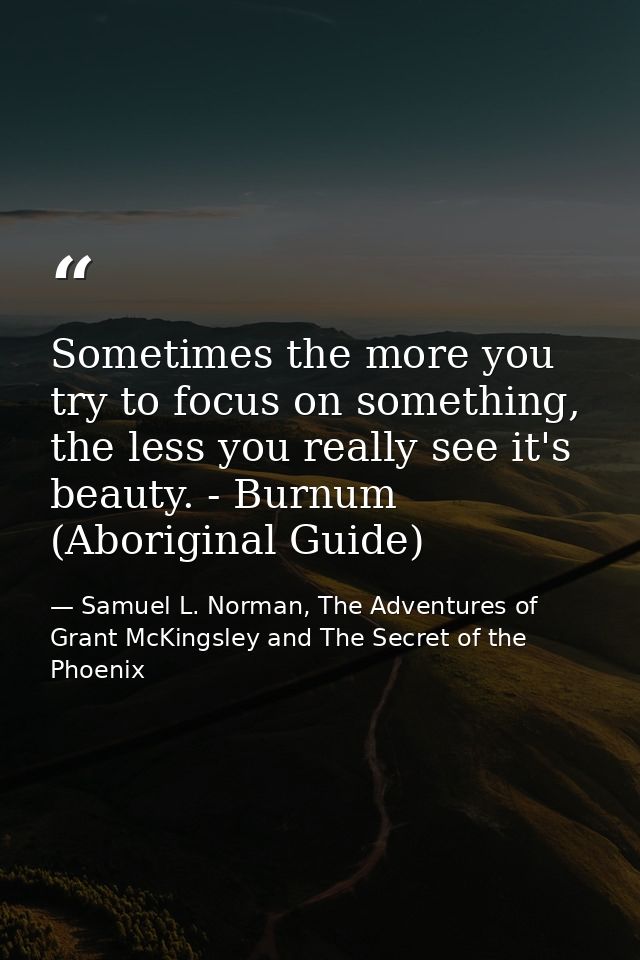 Sometimes the more you try to focus on something, the less you really see it's beauty. - Burnum (Aboriginal Guide) — Samuel L. Norman, The Adventures of Grant McKingsley and The Secret of the Phoenix