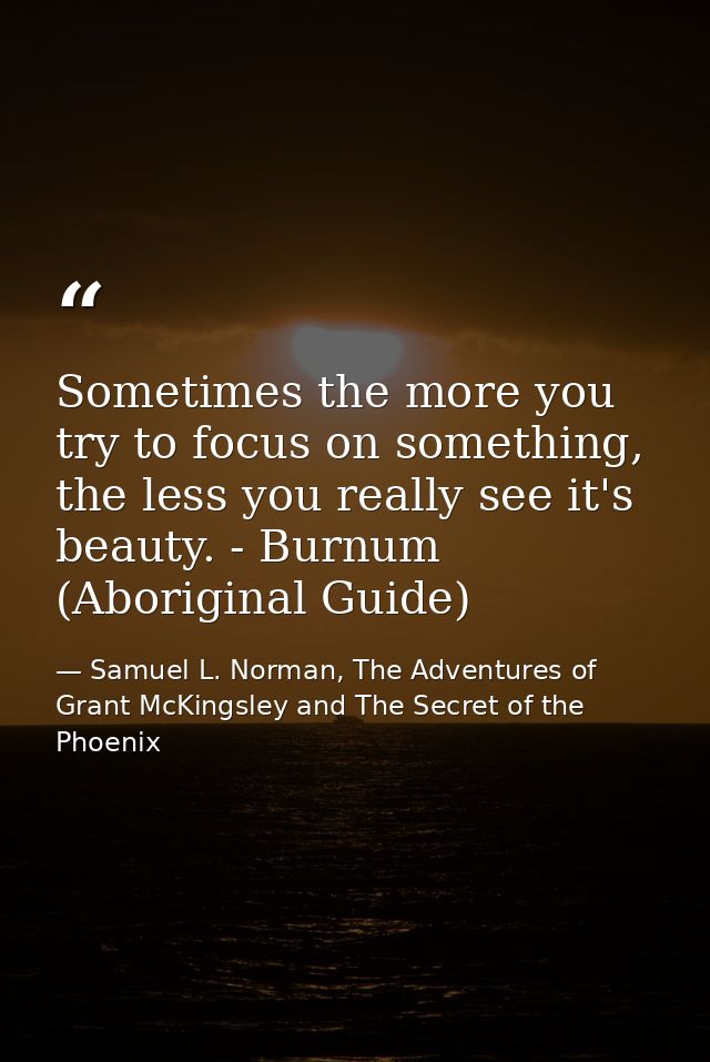 Sometimes the more you try to focus on something, the less you really see it's beauty. - Burnum (Aboriginal Guide) — Samuel L. Norman, The Adventures of Grant McKingsley and The Secret of the Phoenix