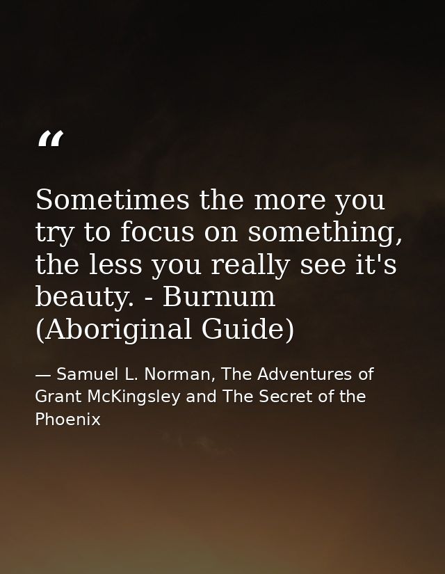 Sometimes the more you try to focus on something, the less you really see it's beauty. - Burnum (Aboriginal Guide) — Samuel L. Norman, The Adventures of Grant McKingsley and The Secret of the Phoenix