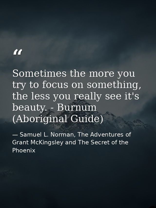 Sometimes the more you try to focus on something, the less you really see it's beauty. - Burnum (Aboriginal Guide) — Samuel L. Norman, The Adventures of Grant McKingsley and The Secret of the Phoenix