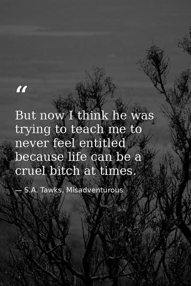 But now I think he was trying to teach me to never feel entitled because life can be a cruel bitch at times. — S.A. Tawks, Misadventurous