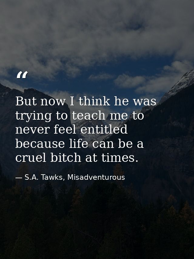 But now I think he was trying to teach me to never feel entitled because life can be a cruel bitch at times. — S.A. Tawks, Misadventurous