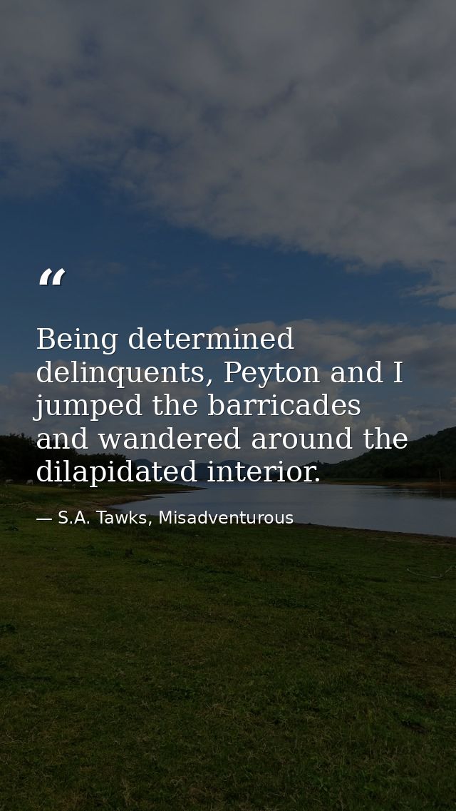 Being determined delinquents, Peyton and I jumped the barricades and wandered around the dilapidated interior. — S.A. Tawks, Misadventurous