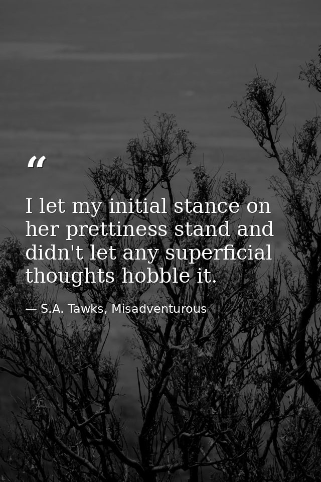 I let my initial stance on her prettiness stand and didn't let any superficial thoughts hobble it. — S.A. Tawks, Misadventurous