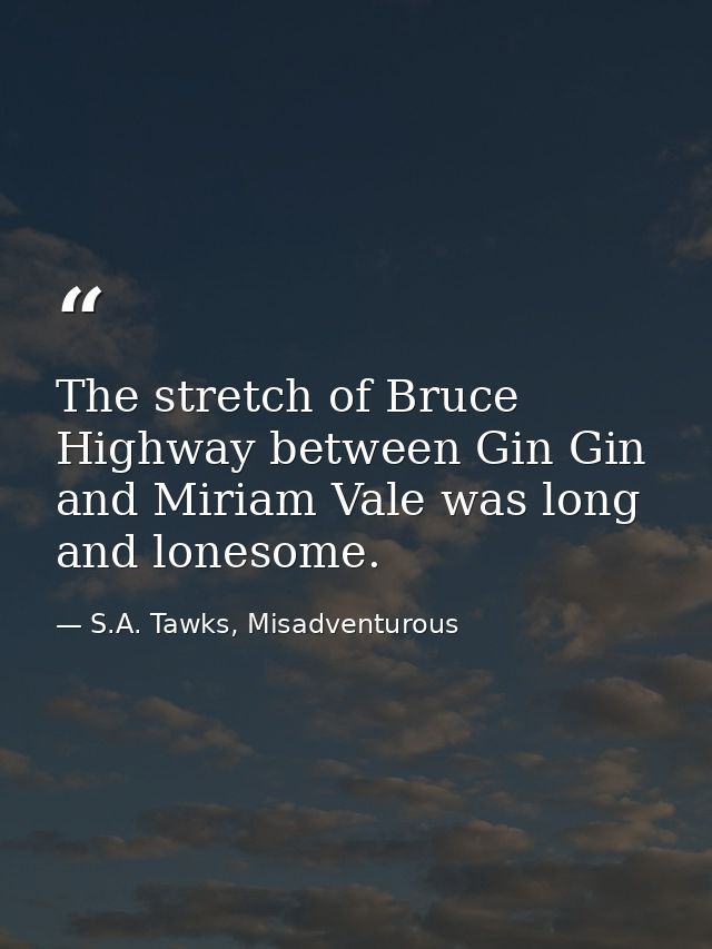The stretch of Bruce Highway between Gin Gin and Miriam Vale was long and lonesome. — S.A. Tawks, Misadventurous