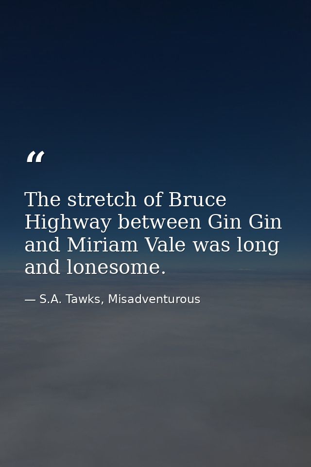 The stretch of Bruce Highway between Gin Gin and Miriam Vale was long and lonesome. — S.A. Tawks, Misadventurous