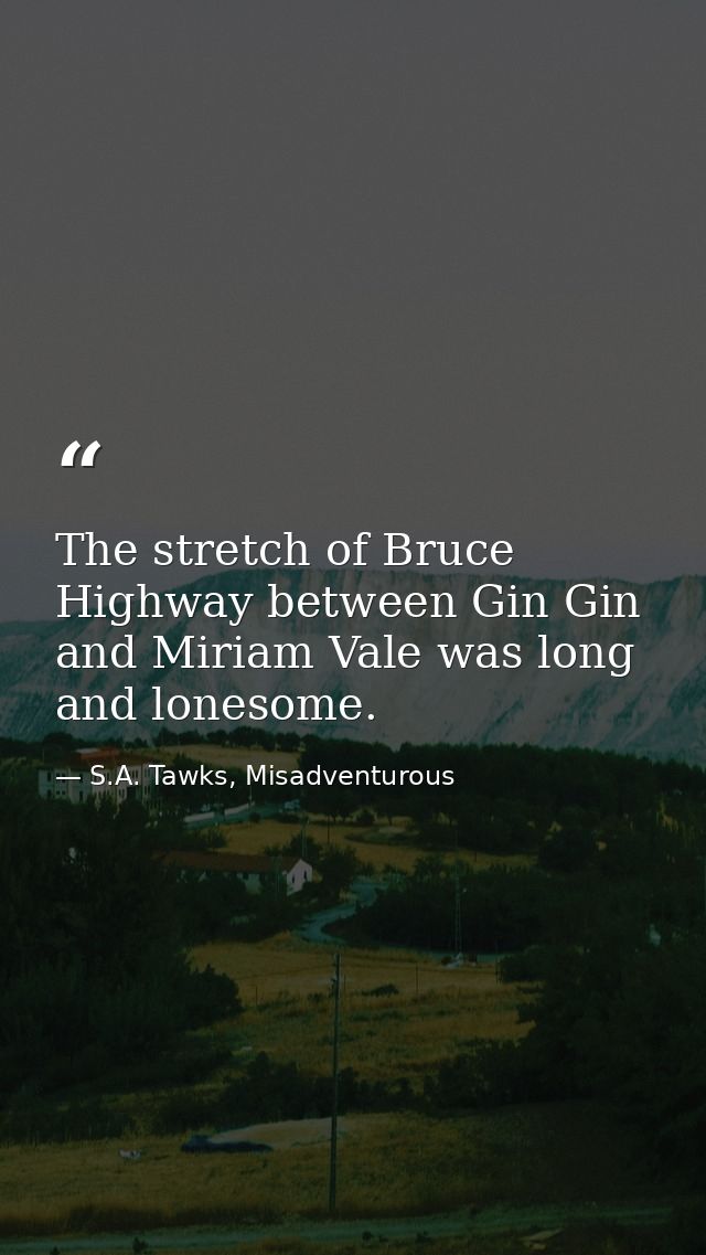The stretch of Bruce Highway between Gin Gin and Miriam Vale was long and lonesome. — S.A. Tawks, Misadventurous
