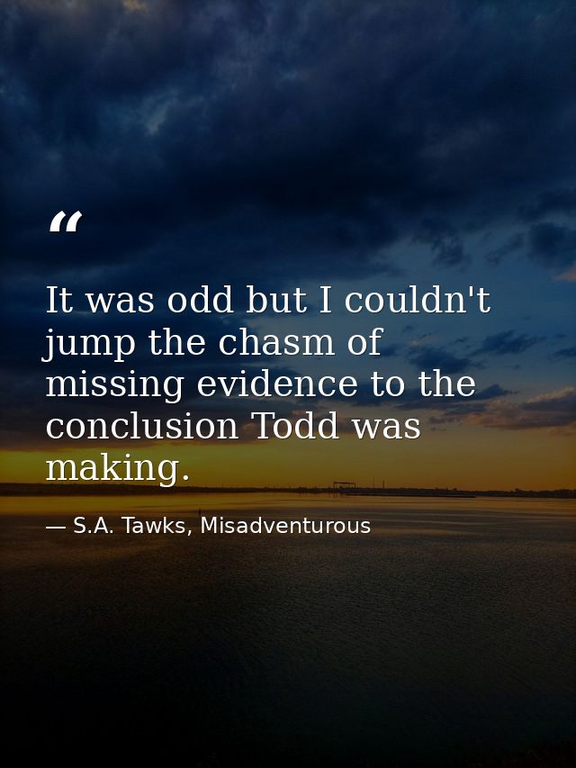 It was odd but I couldn't jump the chasm of missing evidence to the conclusion Todd was making. — S.A. Tawks, Misadventurous