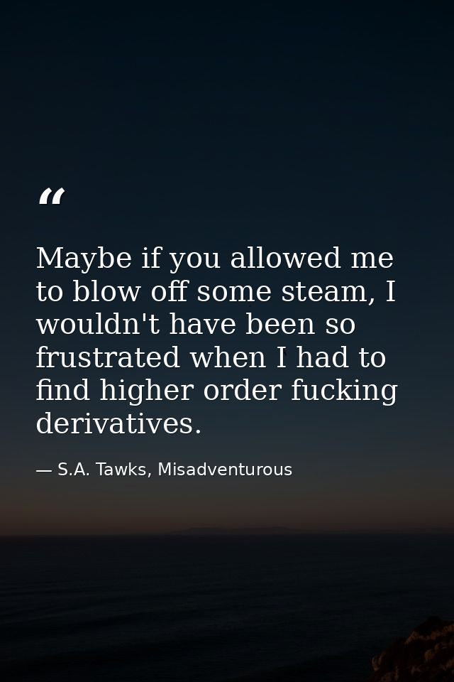 Maybe if you allowed me to blow off some steam, I wouldn't have been so frustrated when I had to find higher order fucki — S.A. Tawks, Misadventurous