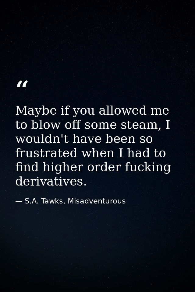 Maybe if you allowed me to blow off some steam, I wouldn't have been so frustrated when I had to find higher order fucki — S.A. Tawks, Misadventurous