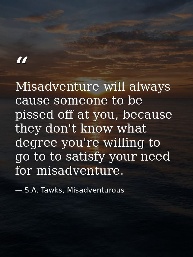 Misadventure will always cause someone to be pissed off at you, because they don't know what degree you're willing to go — S.A. Tawks, Misadventurous