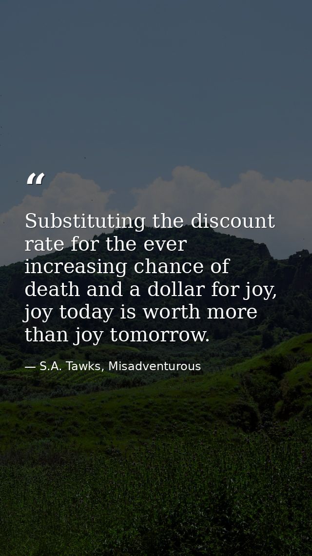 Substituting the discount rate for the ever increasing chance of death and a dollar for joy, joy today is worth more tha — S.A. Tawks, Misadventurous