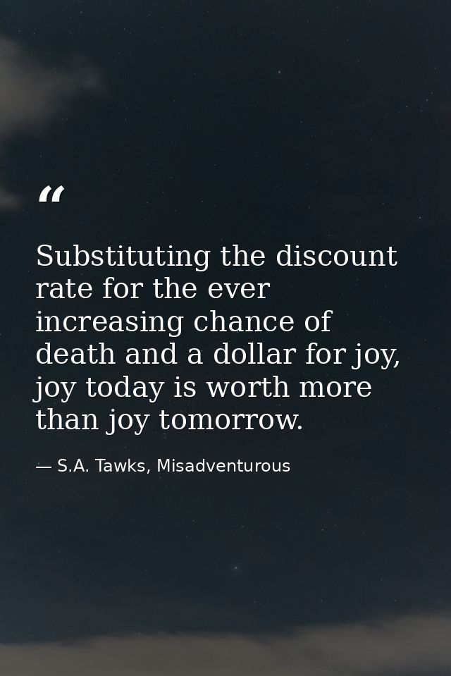 Substituting the discount rate for the ever increasing chance of death and a dollar for joy, joy today is worth more tha — S.A. Tawks, Misadventurous