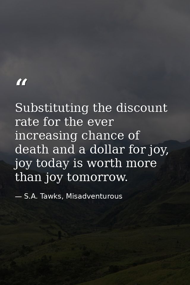 Substituting the discount rate for the ever increasing chance of death and a dollar for joy, joy today is worth more tha — S.A. Tawks, Misadventurous