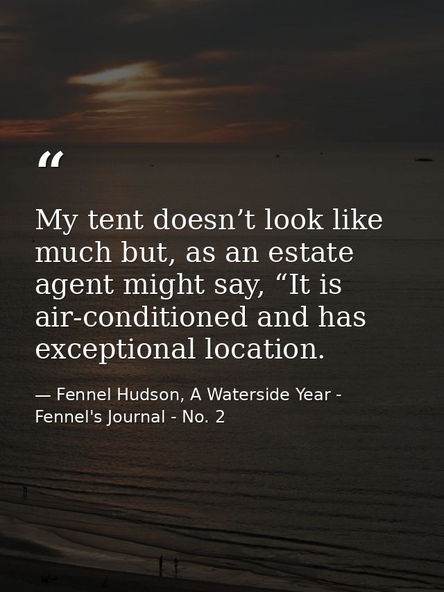 My tent doesn’t look like much but, as an estate agent might say, “It is air-conditioned and has exceptional location. — Fennel Hudson, A Waterside Year - Fennel's Journal - No. 2