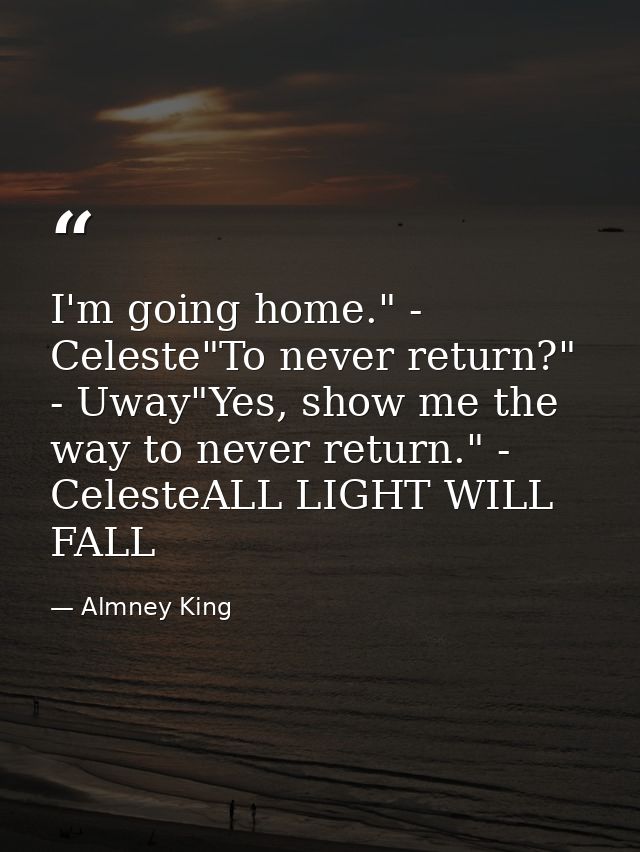 I'm going home." - Celeste"To never return?" - Uway"Yes, show me the way to never return." - CelesteALL LIGHT WILL FALL — Almney King