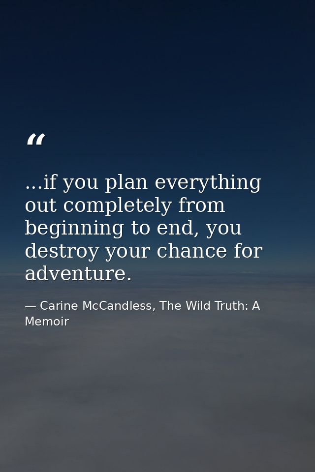 ...if you plan everything out completely from beginning to end, you destroy your chance for adventure. — Carine McCandless, The Wild Truth: A Memoir