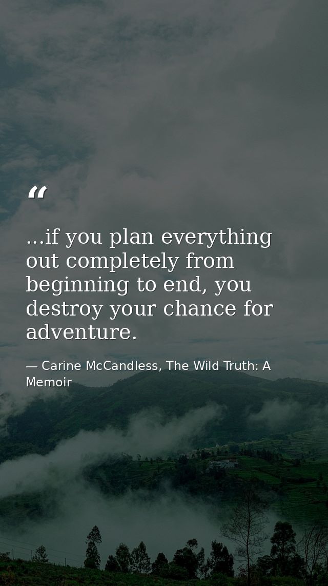 ...if you plan everything out completely from beginning to end, you destroy your chance for adventure. — Carine McCandless, The Wild Truth: A Memoir