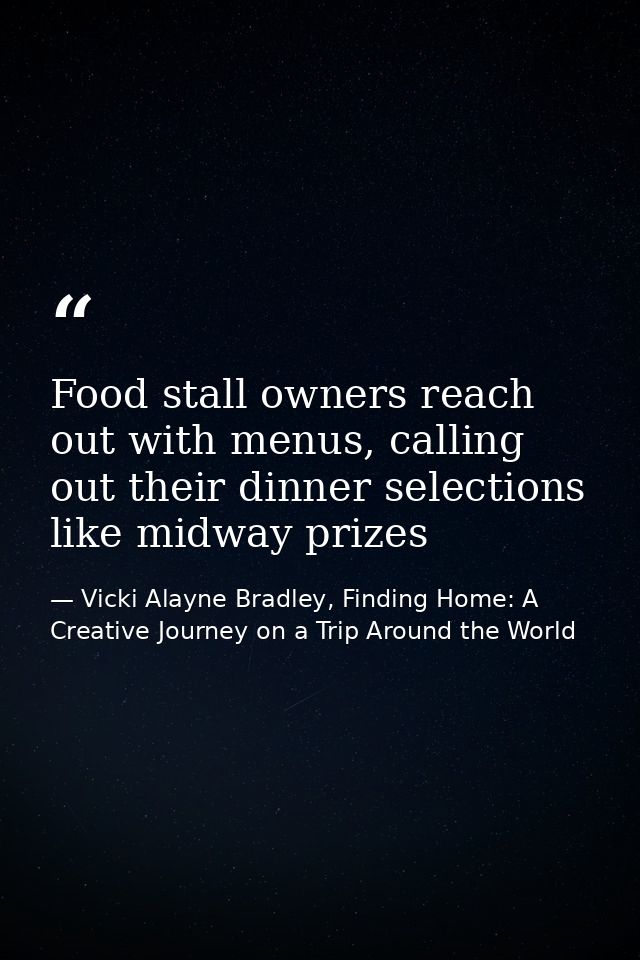 Food stall owners reach out with menus, calling out their dinner selections like midway prizes — Vicki Alayne Bradley, Finding Home: A Creative Journey on a Trip Around the World