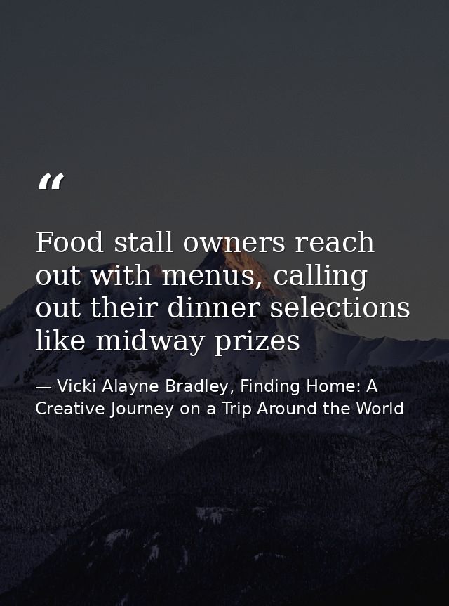 Food stall owners reach out with menus, calling out their dinner selections like midway prizes — Vicki Alayne Bradley, Finding Home: A Creative Journey on a Trip Around the World