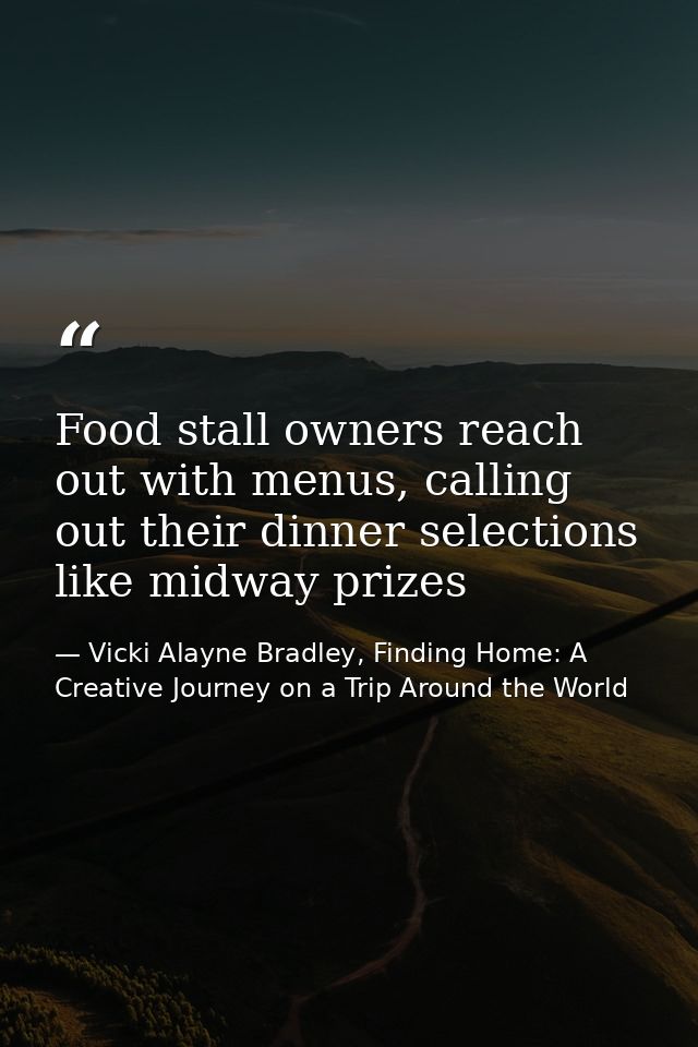 Food stall owners reach out with menus, calling out their dinner selections like midway prizes — Vicki Alayne Bradley, Finding Home: A Creative Journey on a Trip Around the World