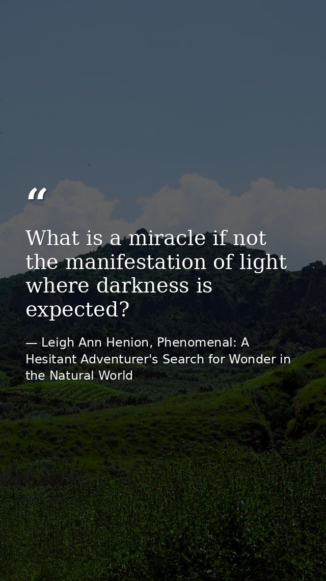 What is a miracle if not the manifestation of light where darkness is expected? — Leigh Ann Henion, Phenomenal: A Hesitant Adventurer's Search for Wonder in the Natural World