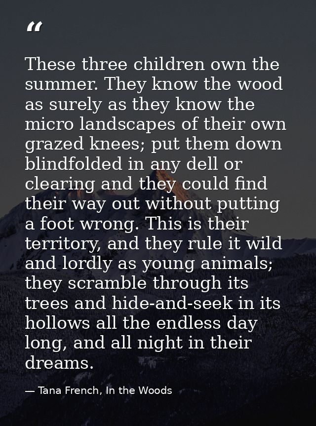 These three children own the summer. They know the wood as surely as they know the micro landscapes of their own grazed  — Tana French, In the Woods