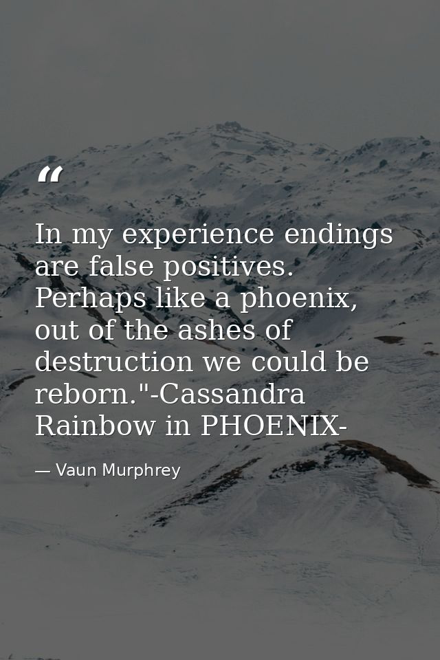 In my experience endings are false positives. Perhaps like a phoenix, out of the ashes of destruction we could be reborn — Vaun Murphrey
