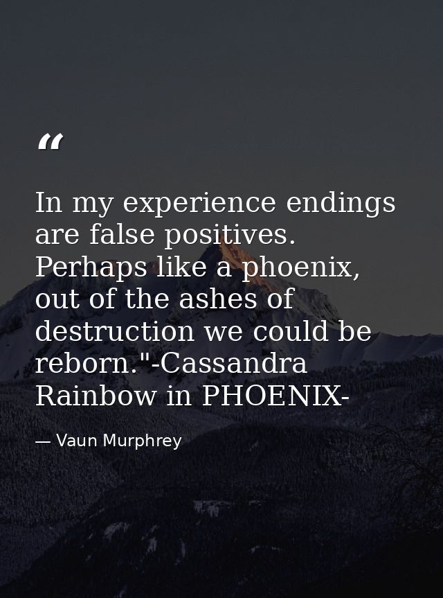 In my experience endings are false positives. Perhaps like a phoenix, out of the ashes of destruction we could be reborn — Vaun Murphrey