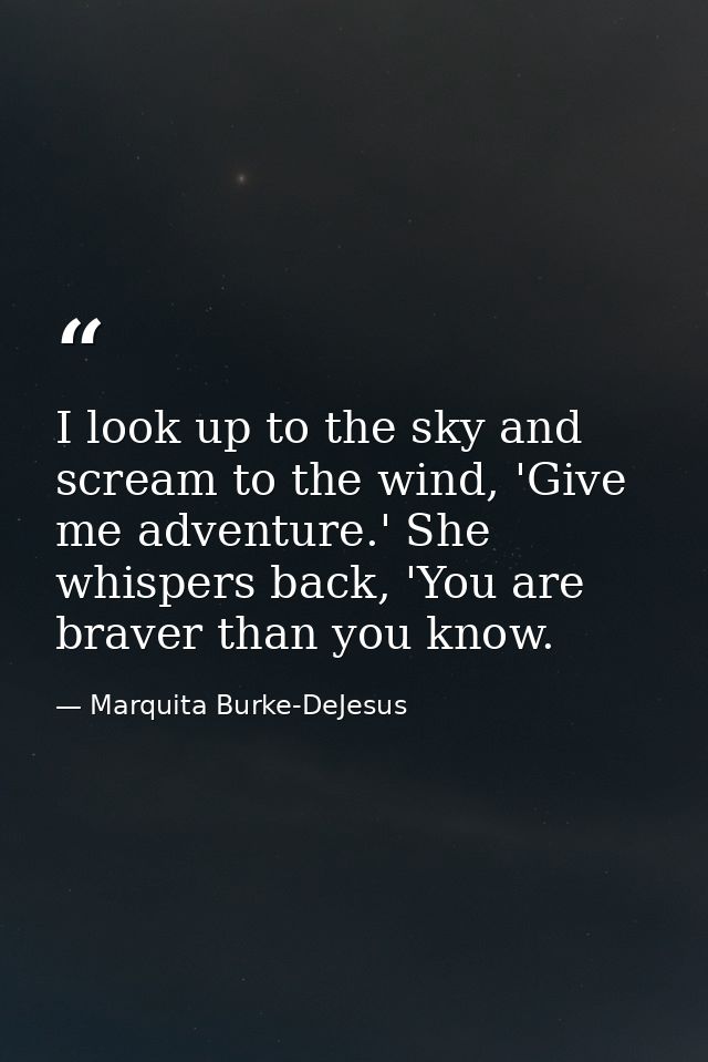 I look up to the sky and scream to the wind, 'Give me adventure.' She whispers back, 'You are braver than you know. — Marquita Burke-DeJesus