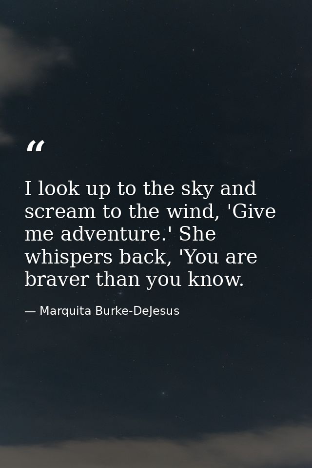 I look up to the sky and scream to the wind, 'Give me adventure.' She whispers back, 'You are braver than you know. — Marquita Burke-DeJesus