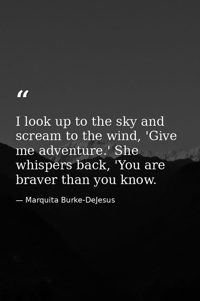 I look up to the sky and scream to the wind, 'Give me adventure.' She whispers back, 'You are braver than you know. — Marquita Burke-DeJesus
