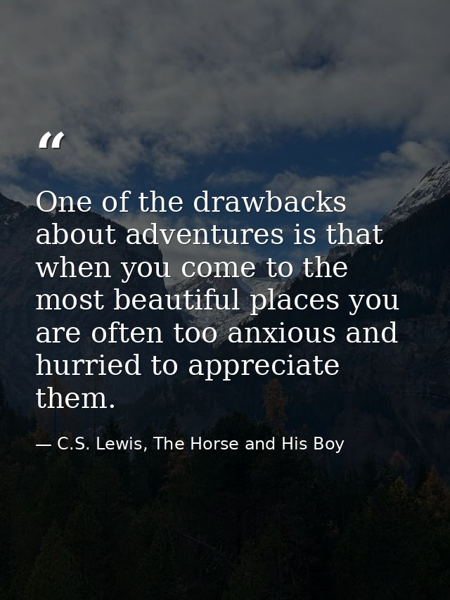 One of the drawbacks about adventures is that when you come to the most beautiful places you are often too anxious and h — C.S. Lewis, The Horse and His Boy