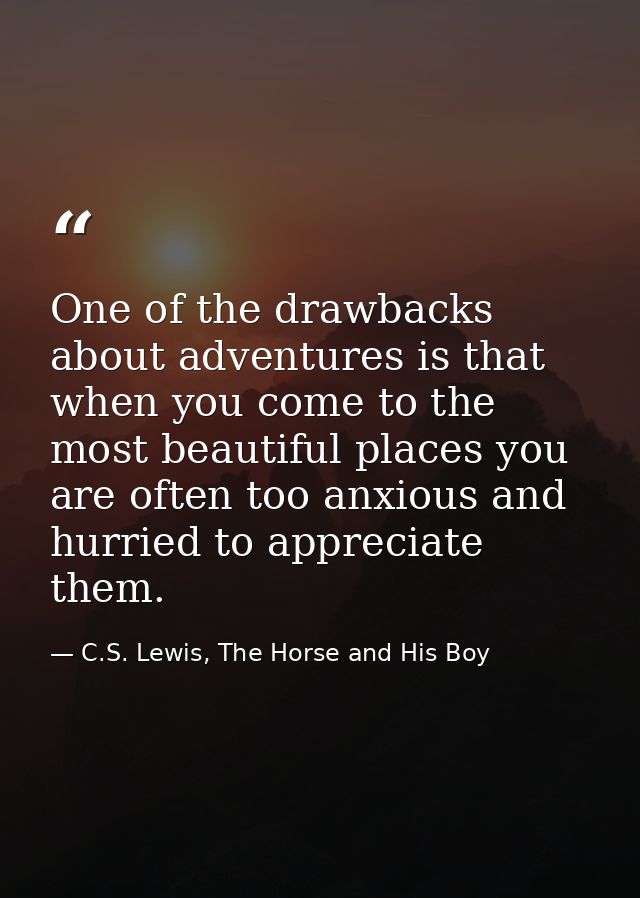 One of the drawbacks about adventures is that when you come to the most beautiful places you are often too anxious and h — C.S. Lewis, The Horse and His Boy