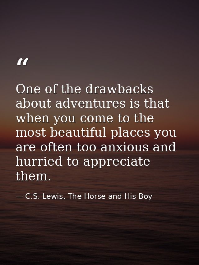 One of the drawbacks about adventures is that when you come to the most beautiful places you are often too anxious and h — C.S. Lewis, The Horse and His Boy