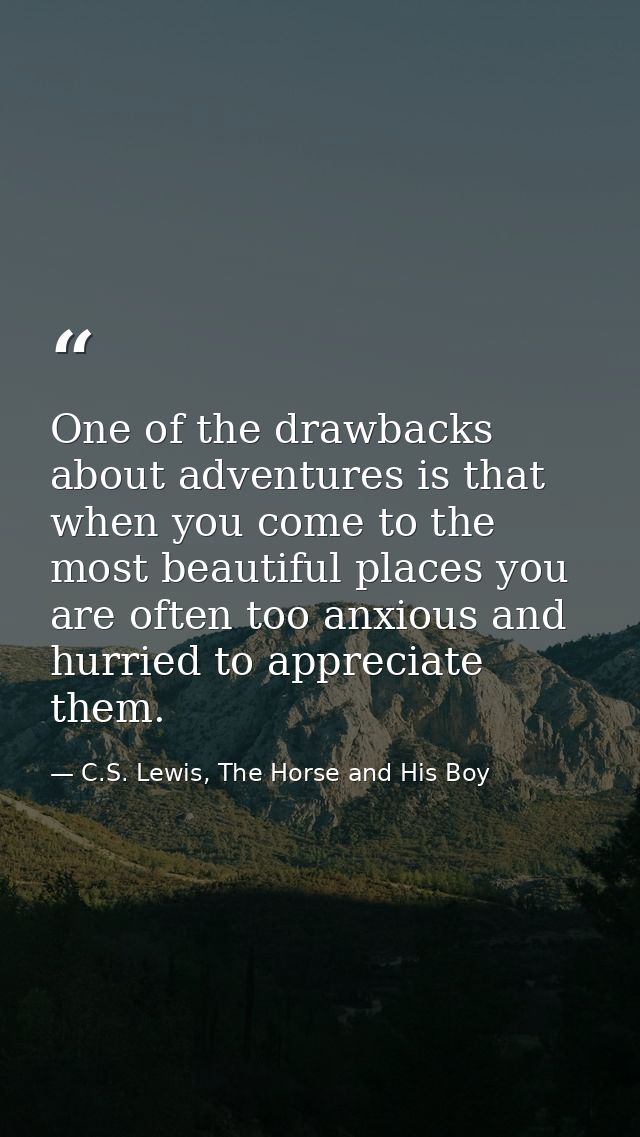 One of the drawbacks about adventures is that when you come to the most beautiful places you are often too anxious and h — C.S. Lewis, The Horse and His Boy