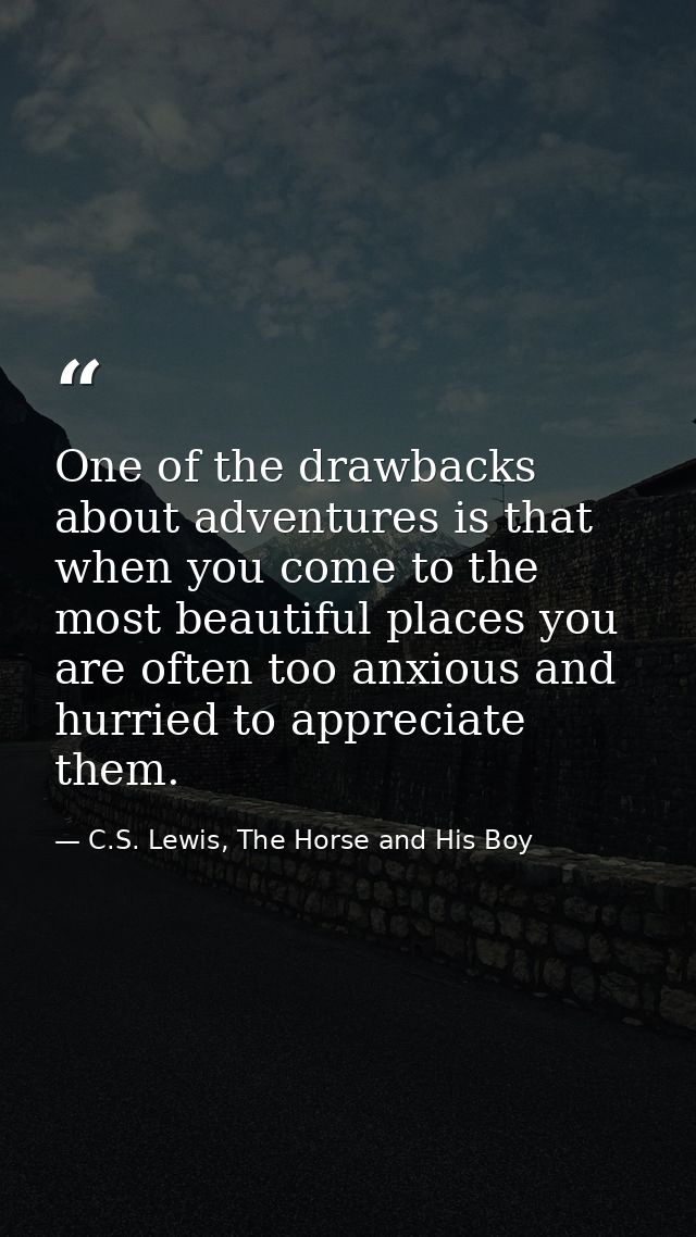 One of the drawbacks about adventures is that when you come to the most beautiful places you are often too anxious and h — C.S. Lewis, The Horse and His Boy