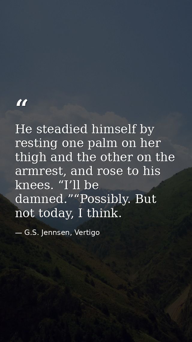 He steadied himself by resting one palm on her thigh and the other on the armrest, and rose to his knees. “I’ll be damne — G.S. Jennsen, Vertigo