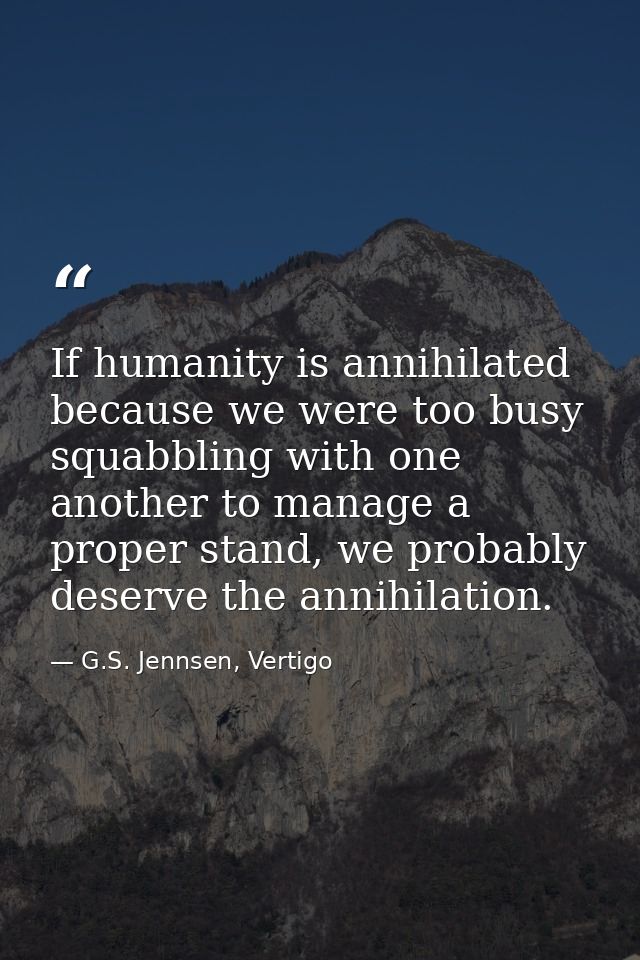 If humanity is annihilated because we were too busy squabbling with one another to manage a proper stand, we probably de — G.S. Jennsen, Vertigo