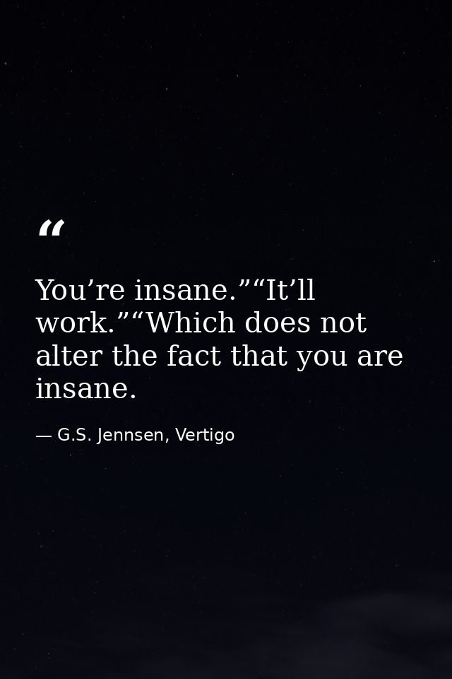 You’re insane.”“It’ll work.”“Which does not alter the fact that you are insane. — G.S. Jennsen, Vertigo