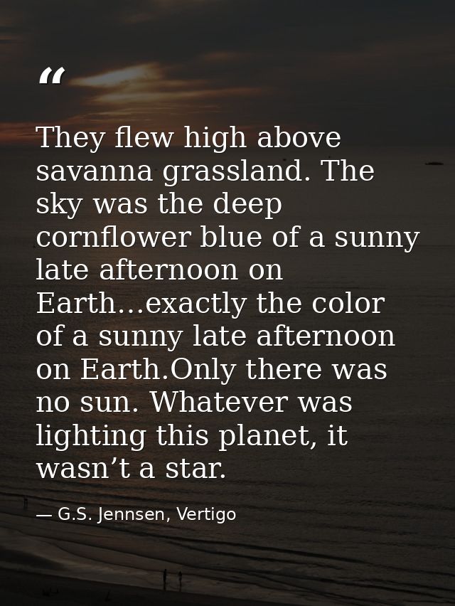 They flew high above savanna grassland. The sky was the deep cornflower blue of a sunny late afternoon on Earth…exactly  — G.S. Jennsen, Vertigo